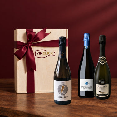 Cassetta Regalo 3 Metodo Classico - cassetta in legno Vinclick con Franciacorta, Alta Langa e Trento DOC