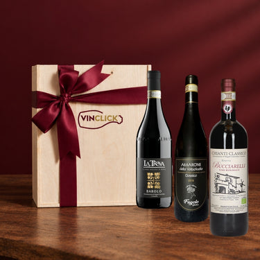 Cassetta Regalo Rossi Oro - cassetta in legno Vinclick con Barolo, Amarone e Chianti Classico Riserva